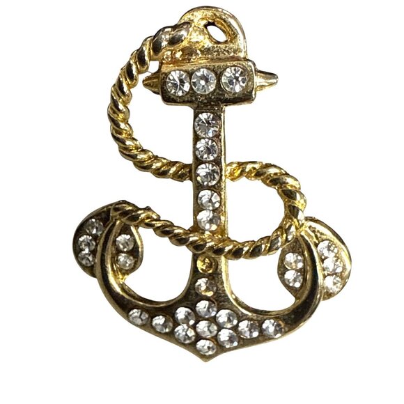 Gold-Tone Crystal Anchor Brooch Pin Rope Detail MISSING STONE - Picture 1 of 3